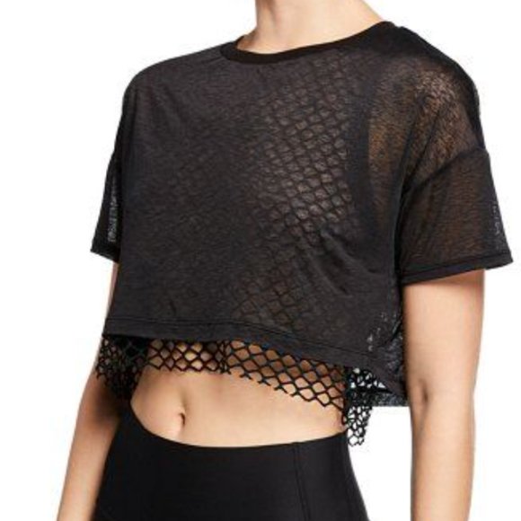 Alo Yoga Afterglow Short-Sleeve Layered Crop Tee with Mesh- Black, Size M - Picture 1 of 2